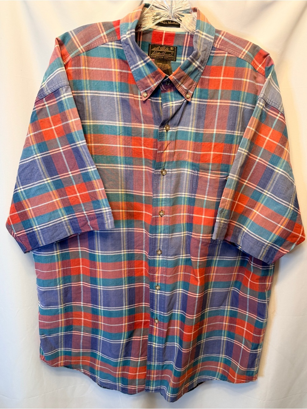 Vintage Eddie Bauer Men's XL Superior Madras Shirt Blue Red Plaid SS Button Down